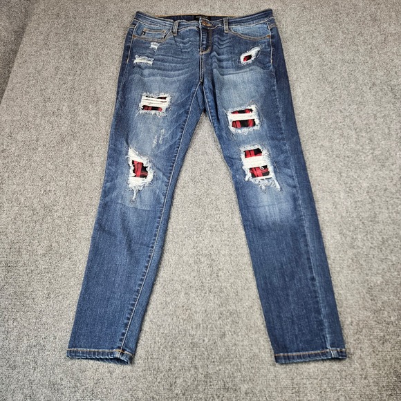 Judy Blue Denim - Judy Blue Skinny Fit Distressed‎ Plaid Patch Jeans Medium Wash JB8268DK 15/32